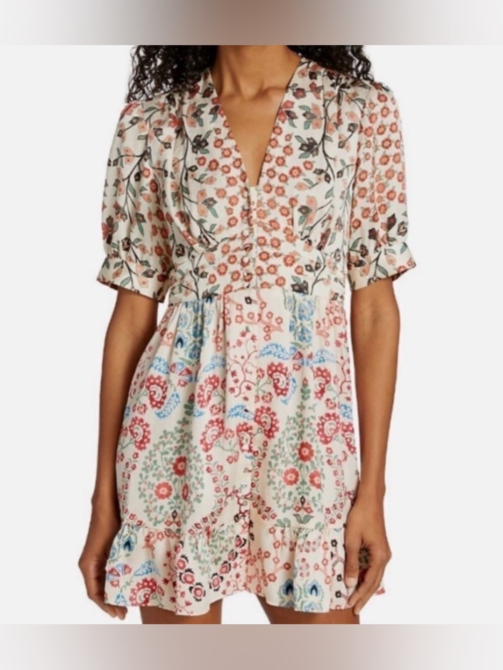 ba&sh Cream Floral Mini Dress with Multicolor Print